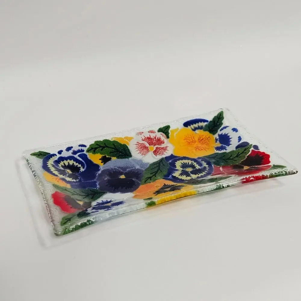 Vintage Peggy Karr Pansies Fused Art Glass Rectangular Tray | 1990s Trinket Dish
